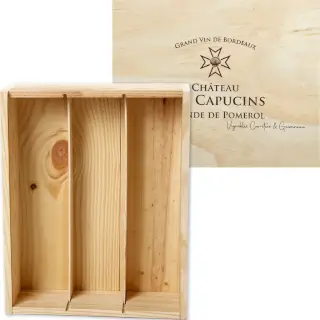 Caisse Bois T3 Capucins : Caisse bois, fermeture plumier. Superbe cadeau pour les collectionneurs ! Idéal pour 3 bouteilles ou 1 bouteille + 1 demie + 2 produits (33cm × 26cm × 10cm)