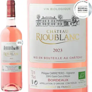 Bordeaux Rosé Bio : Château Rioublanc Bordeaux Rosé Bio. 60% Cabernet franc, 40% Malbec. Bouteille 75 cl.