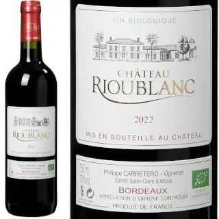 Bordeaux Rouge Bio 2022 : Château Rioublanc Bordeaux rouge Bio 2022. 70% Merlot, 20% Cabernet Sauvignon, 6% Cabernet Franc, 4% Malbec. Bouteille 75 cl.