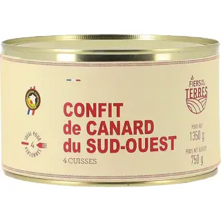 Confit de Canard 1.350 kg : Confit de Canard 4/5 cuisses. Atelier du foie gras Roger Junca, à Dax depuis 1949. Conserve 1.350 kg