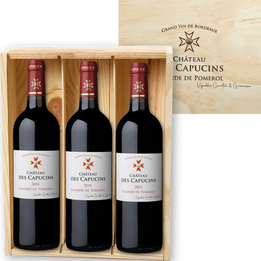 Caisse bois 3 bouteilles de Château des Capucins - L. de Pomerol