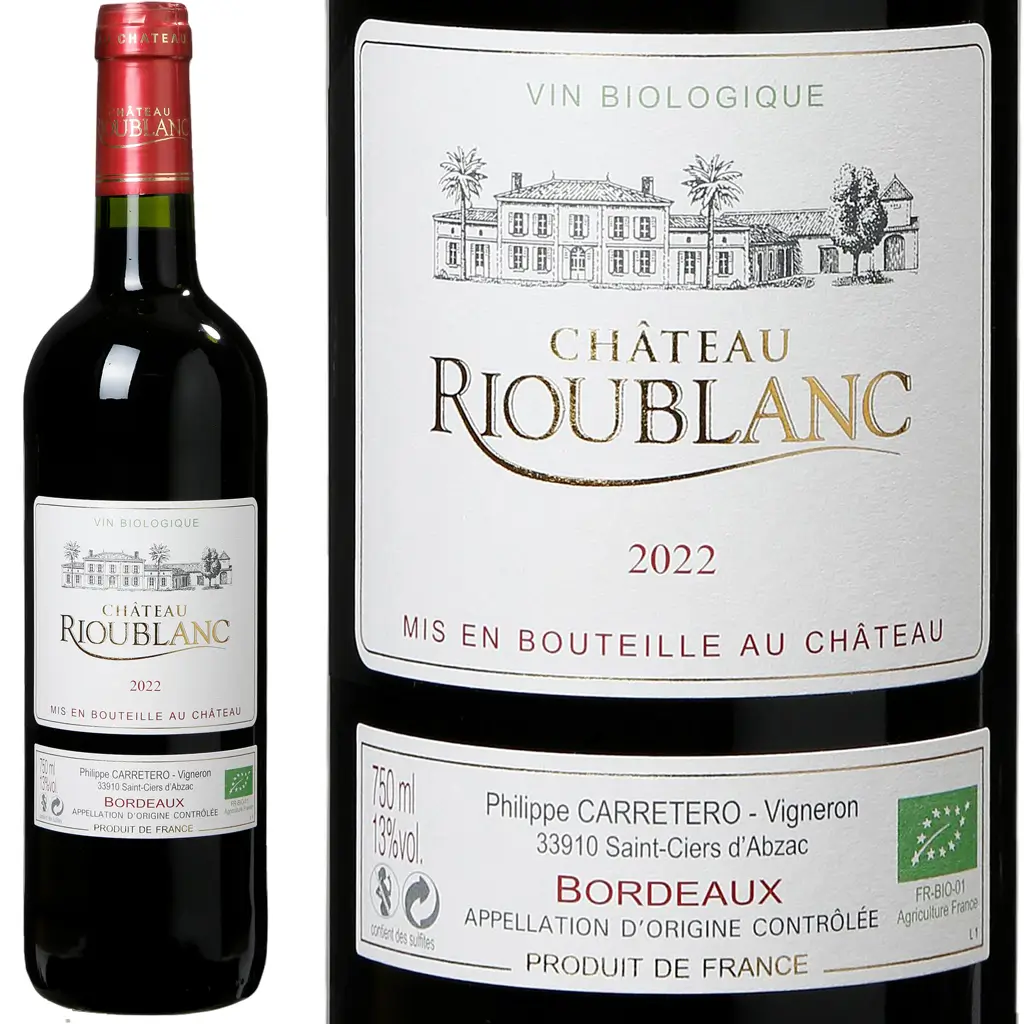 bouteille de vin 75cL de Rioublanc bordeaux rouge bio 2022