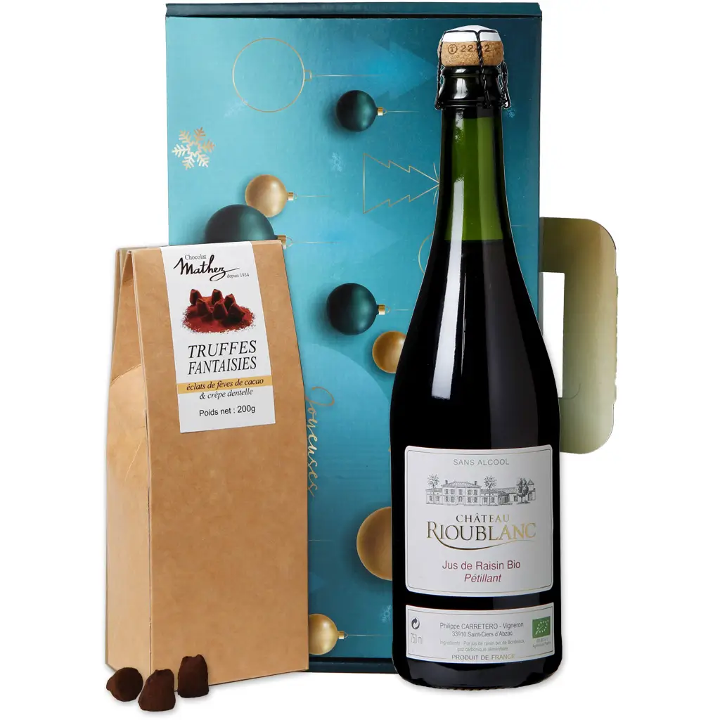 Coffret Gourmand : FRIANDISE : Une valisette gourmande alliant notre jus de raisin pétillant bio et un assortiment de chocolat, foie gras et confit d'oignon pour vos fêtes de fin d'année !