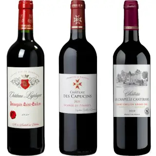 Assortiment 6 Bouteilles : Ch. Laplagne 2020 - Ch. Chapelle Canteranne 2020 - Ch. Capucins 2020 : Assortiment de 6 Bouteilles en caisse bois ou carton de 6 bouteilles. Avec Puisseguin St-Emilion, 2 Lalande de Pomerol et de Saint-Emilion Grands Cru.