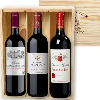 3 grands crus de bordeaux dans une caisse bois traditionelle