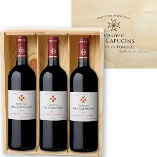 Caisse bois 3 bouteilles de Château des Capucins - L. de Pomerol