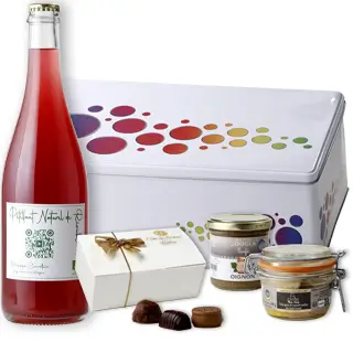 Coffret métal avec bouteille crémant chocolat et gâteaux