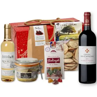 coffret noël bouteilles vin bordeaux et gourmandises sucrées