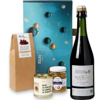 Coffret Gourmand : FRIANDISE : Une valisette gourmande alliant notre jus de raisin pétillant bio et un assortiment de chocolat, foie gras et confit d'oignon pour vos fêtes de fin d'année !