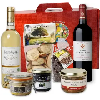 valisette cadeau Noël vins, truffes au chocolat et foie gras