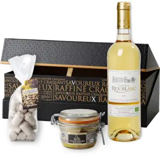 coffret décoratif bouteille moelleux avec foie gras et chocolats