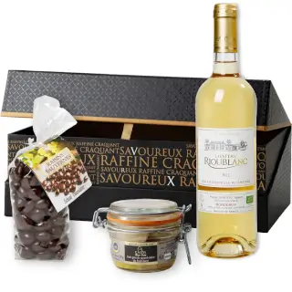 coffret décoratif bouteille moelleux avec foie gras et chocolats