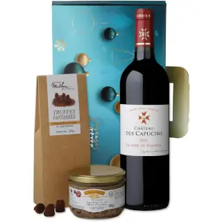 coffret cadeau affaire bouteille Puisseguin st Emilion, truffes