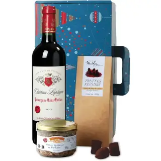 coffret cadeau affaire bouteille Puisseguin st Emilion, truffes