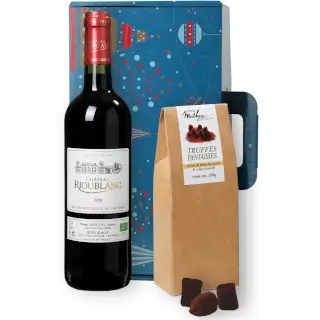 Coffret decor graphique, bouteille vin Rioublanc et truffes