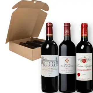 coffret rubis rouge et or avec bouteilles grands cru bordeaux