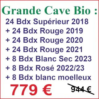 Cave Rioublanc Bio : Voici un assortiment de 48 ou 96 bouteilles de Bordeaux rouge bio et de 12 ou 24 bouteilles assorties Rosé, Blanc sec et moelleux. 