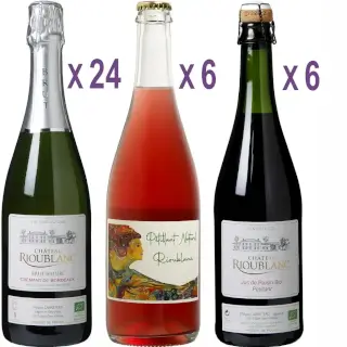 bouteilles crémant de bordeaux, pétillant naturel et jus raisin